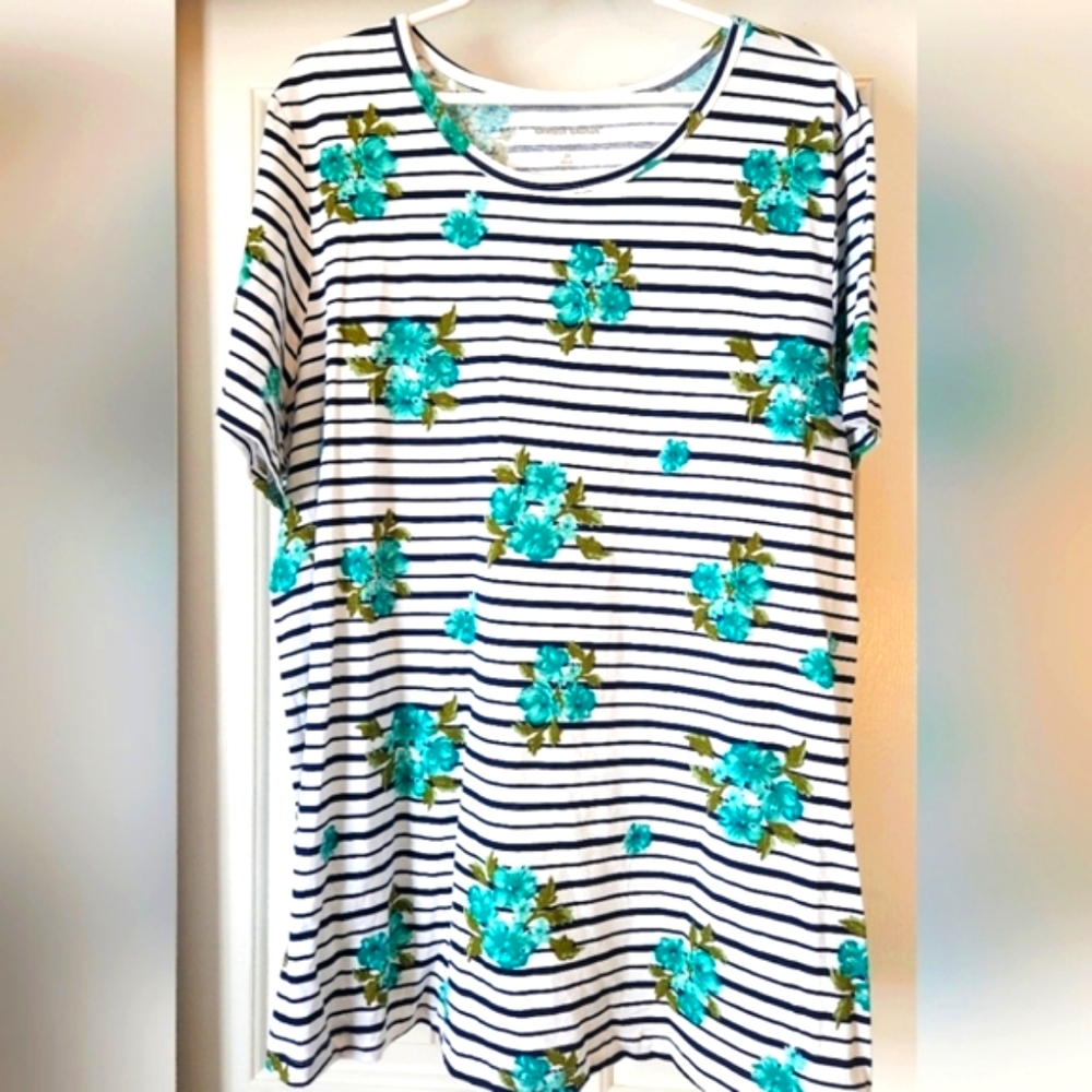 Woman Within Tee Shirt Womens Plus Size 2X  Turquoise Floral And Stripe  EUC